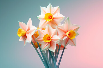 Fototapete - A pastel-colored geometric-style Daffodils artwork with intricate geometric shapes and soft pastel hues, showcasing the beauty of nature in a modern design.