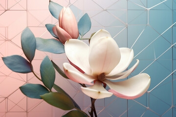 Fototapete - A pastel-colored geometric-style Magnolia artwork with intricate geometric shapes and soft pastel hues, showcasing the beauty of nature in a modern design