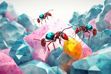Fototapete - A pastel-colored geometric-style Ants artwork with intricate geometric shapes and soft pastel hues, showcasing the beauty of nature in a modern design.  