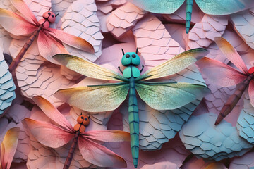 Fototapete - A pastel-colored geometric-style Dragonflies artwork with intricate geometric shapes and soft pastel hues, showcasing the beauty of nature in a modern design. 