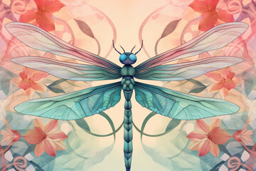 Leinwandbilder - A pastel-colored geometric-style Dragonflies artwork with intricate geometric shapes and soft pastel hues, showcasing the beauty of nature in a modern design. 