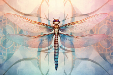 Fototapete - A pastel-colored geometric-style Dragonflies artwork with intricate geometric shapes and soft pastel hues, showcasing the beauty of nature in a modern design. 