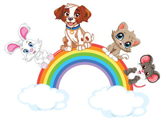 Sticker - Cute Pet Rabbit, Dog, Cat, and Mouse on Rainbow