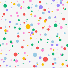 Colorful Falling Confetti On White Background, Seamless Carnival Pattern. Carnival Polka Invitation. Falling Festive Dot Background. Multicolored Confetti Carnaval Design.