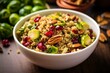 A healthy vegan salad of fried brussels sprouts, quinoa, cranberries, and nuts, served in a white bowl from a top view. Generative AI