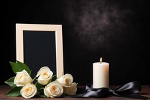 White Roses With  Ribbon And Photo Frame  On Black Background.Funeral Concept