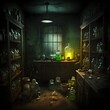 Creepy Frankenstein laboratory dark dimly lit array strange unsettling equipment walls shelves jars mysterious liquids pickled body parts glass tanks bubbling colored fluids tables counters tools 