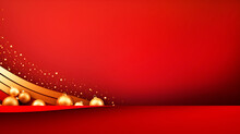 Luxurious Red Christmas Layered Background With Golden Lines And Christmas Decorations, Glowing Effect, Glitter Dots And Bokeh Elements On A Red Background With Space Design. Luxury Style