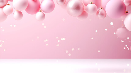 Wall Mural - Christmas and New Year minimalist background. Pink pastel Glass Balls hanging on ribbon on gradient pink background with copy space for text. The concept of Christmas and New Year holidays