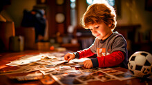 A Boy With A Collection Of Stickers At Home