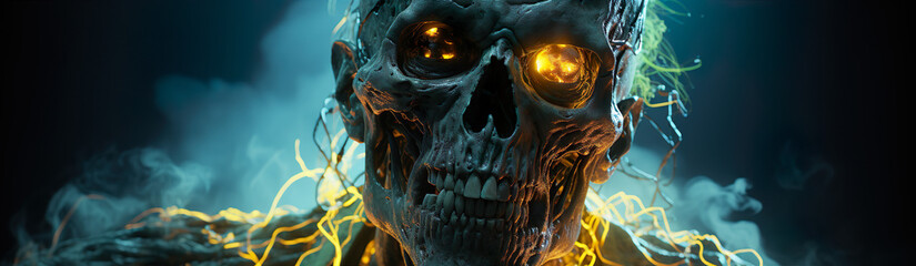 Close-Up Of A Horror Thriller Skeleton. Illustration On The Theme Of Comics And Fantasy, Man And Technology. Generative AI