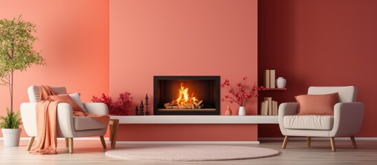 Poster - Stunning living room with peach and red decor and a fireplace With copyspace for text