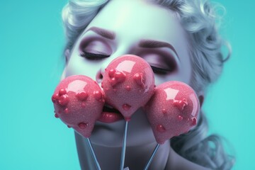 Canvas Print - A woman holding three pink donuts in front of her face. This image can be used to illustrate concepts related to indulgence, temptation, food cravings, or enjoying sweet treats.