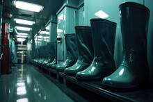 A Row Of Rain Boots Lined Up On A Shelf. Perfect For Rainy Days And Outdoor Activities