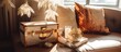Sunlight streams through a window illuminating a leather jewelry box and its contents on a couch With copyspace for text