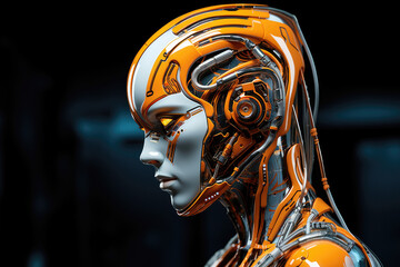 Wall Mural - head of a futuristic, cybernetic robot with intricate orange mechanical features.