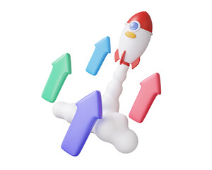 Sticker - Startup business spaceship rocket spewing smoke fly vision arrow target growth to the moon future innovation.analytics profit financial business economics concept. 3d render illustration