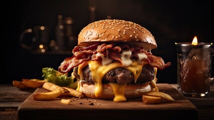 Tasty cheeseburger with crispy bacon on a wooden board