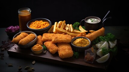 Wall Mural - Golden fried fish fingers on a wooden board