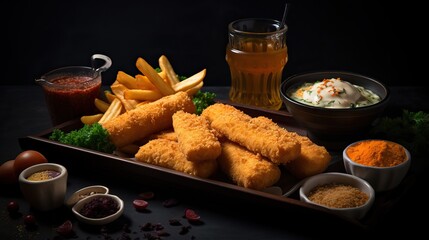 Wall Mural - Golden fried fish fingers on a wooden board