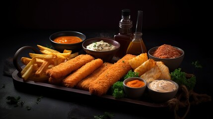 Wall Mural - Golden fried fish fingers on a wooden board