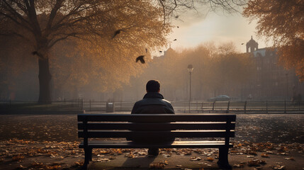 a lonely man on a bench in an autumn park in which there is no one else, only birds