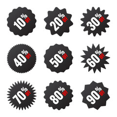 Price tags collection, special offer or shopping discount label with percent, discount percentage value. Black turned retail paper sticker. Promotional sale badge. Vector illustration