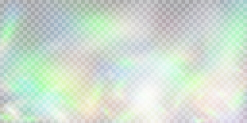 Rainbow light prism effect, transparent background. Hologram reflection, crystal flare leak shadow overlay.