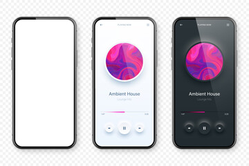Wall Mural - Online audio player user interface, smartphone app UI design. Music, media streaming and listening platform. Responsive mobile application. Neumorphism, neumorphic style. Vector illustration.