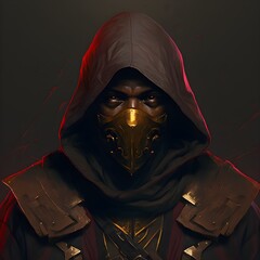 black with dark red and gold accents hooded masked ninjastyle assassin low light character design portrait light skinned africanamerican man 