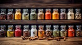 Fototapeta Paryż - Assorted spices in glass jars. Home storage of spices.