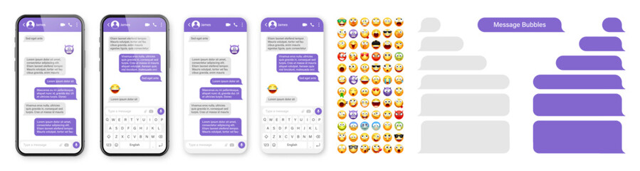 Wall Mural - Smartphone messaging app, user interface design with emoji. SMS text frame. Chat screen with violet message bubbles. Texting app for communication. Social media application. Vector illustration