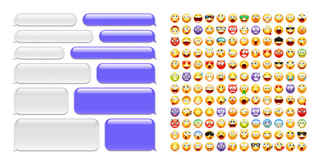 Wall Mural - Blank message bubbles with emoji. Violet chat or messenger speech bubble. SMS text frame. Short message sending. Conversation screen. Social media application. Vector illustration