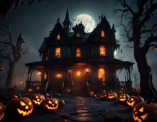 Poster - Horror house with jack-o-lanterns under full moon. Concept of Halloween. Digital illustration. CG Artwork Background