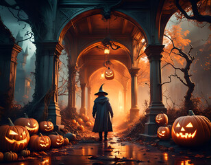 Poster - Dark alley with jack-o-lanterns, autumn trees, and spooky silhouette. Concept of Halloween. Digital illustration. CG Artwork Background