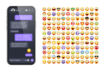 Wall Mural - Smartphone messaging app, user interface with emoji. SMS text frame. Chat screen, violet message bubbles. Texting app for communication. Social media application. Dark mode. Vector illustration