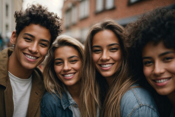 group of friends smiling and enjoying in the city 