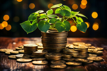 Sticker - Potted plant sitting on top of pile of coins.