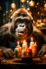 Sticker - Monkey sitting in front of cake with lit candles.