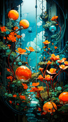 Wall Mural - Image of underwater scene with orange flowers and bubbles.