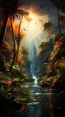 Wall Mural - Image of jungle scene with waterfall and birds.