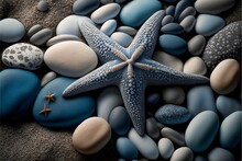 Blue Starfish Placed On Large And Big Pebbles Of Grayish And White Colors 