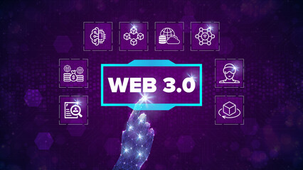 Web 3.0 construction concept on virtual screen. Semantic Web, Metaverse, 3D Graphics, Connectivity (Ubiquity), Decentralization, Digital Identities, Micropayments, AI, Big Data, Blockchain.
