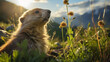 A close-up of a marmot nibbling on a wildflower in an alpine meadow, its furry coat bathed in warm sunlight