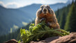 A marmot with its cheeks stuffed full of foraged food, framed by a landscape of rocky slopes and clear blue skies