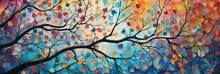 Tree With Multicolor Leaves In The Forest In The Style Of A Painting