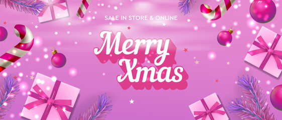 Wall Mural - Merry Xmas sale web banner, fashion pink theme. Christmas horizontal banner, poster