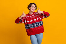 Photo Of Lovely Girl With Bob Hairstyle Dressed Red Sweatshirt Showing Thumbs Up Like Christmas Party Isolated On Yellow Color Background