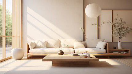 Modern interior japandi style design livingroom. Lighting and sunny scandinavian apartment with plaster and wood. 3d render illustration