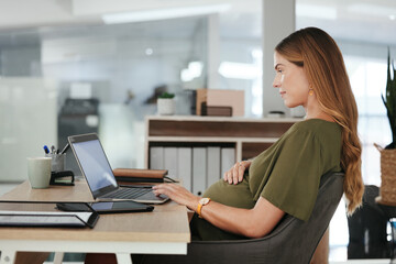 Poster - Laptop, office or pregnant business woman typing on social media, website or internet for research. Maternity, online communication or employee with pregnancy or networking technology in workplace